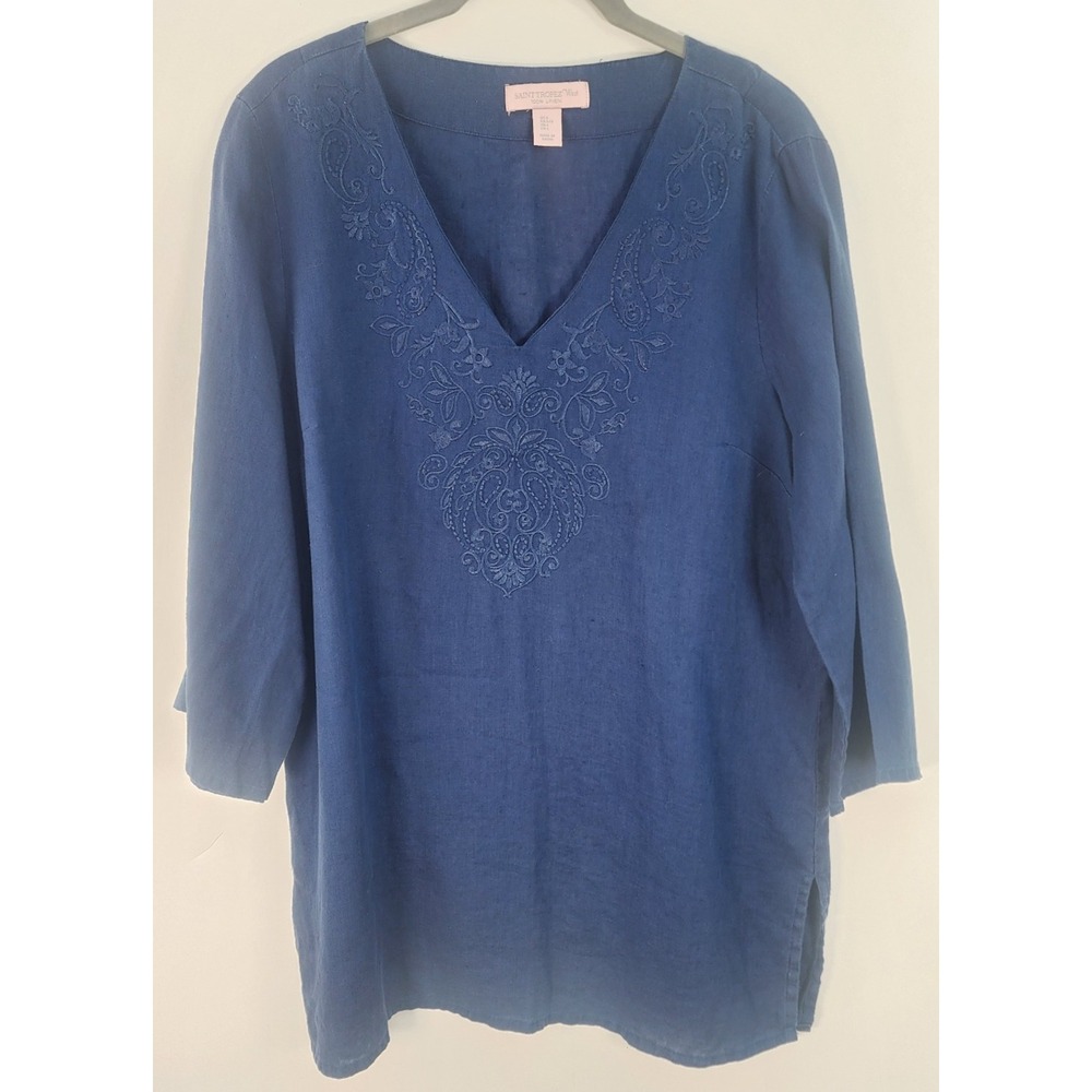 Saint Tropez West Linen VNeck Tunic Top Women's L Navy Floral Embroidered Beachy